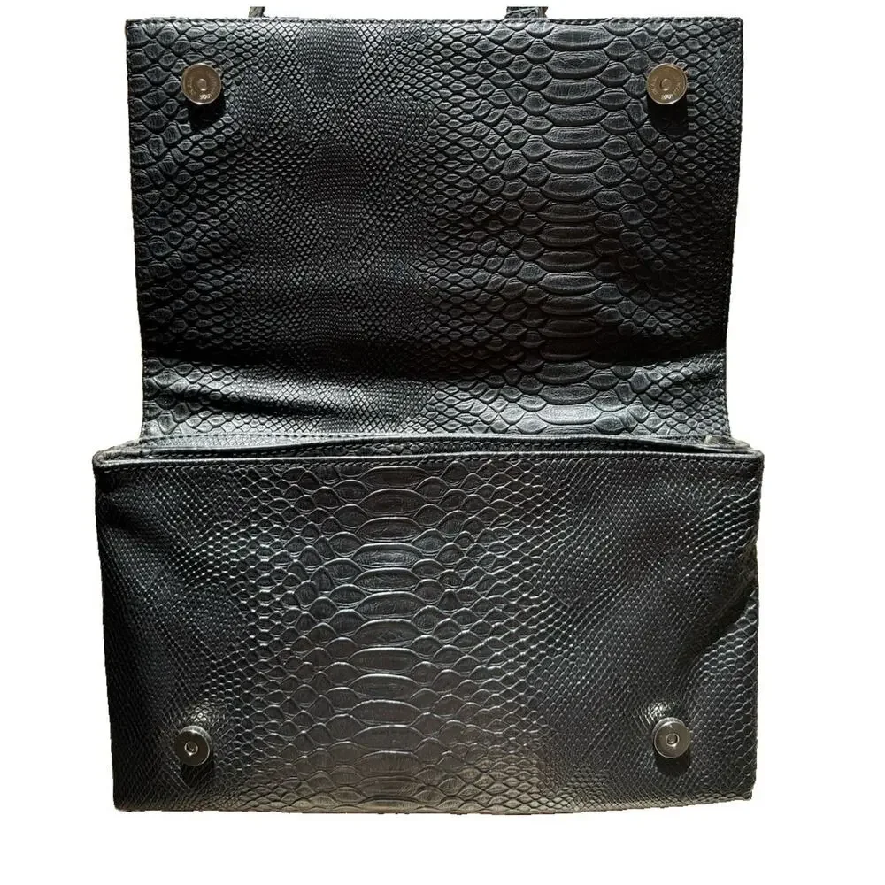Yaumi K Black Faux Snakeskin Geometric Silver Chain Shoulder Bag 13”